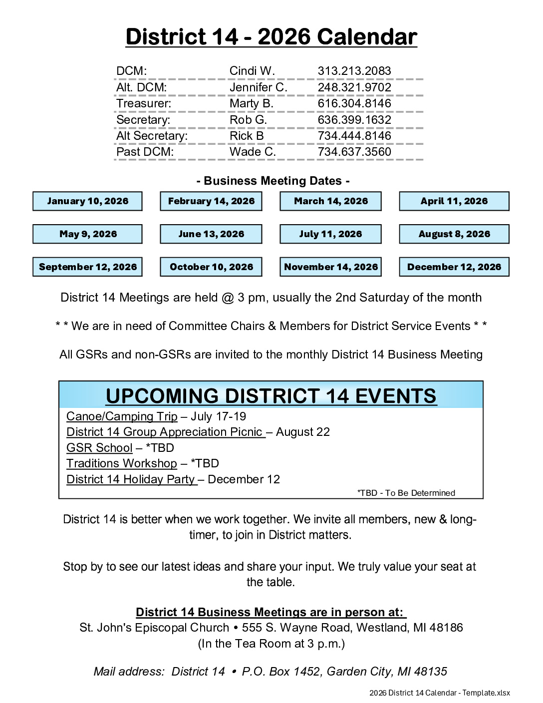 District 14 – 2026 Calendar