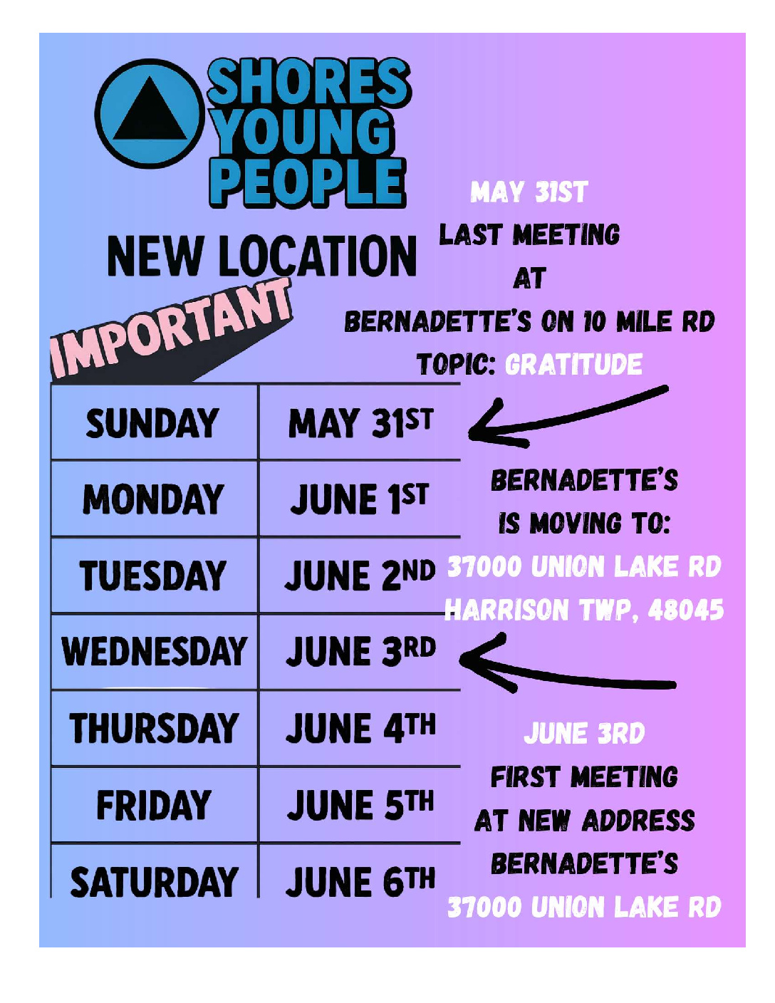 Shores Young People Meeting is Moving